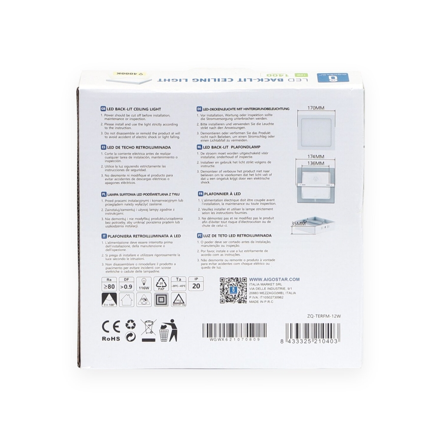 Aigostar - LED Plafoniera LED/12W/230V 17,3x17,3 cm 4000K bianco