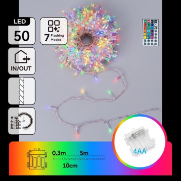 Aigostar - LED RGB Catena luminosa natalizia da esterno 50xLED/7 funzioni 4xAA 5,3m IP44 multicolore + telecomando