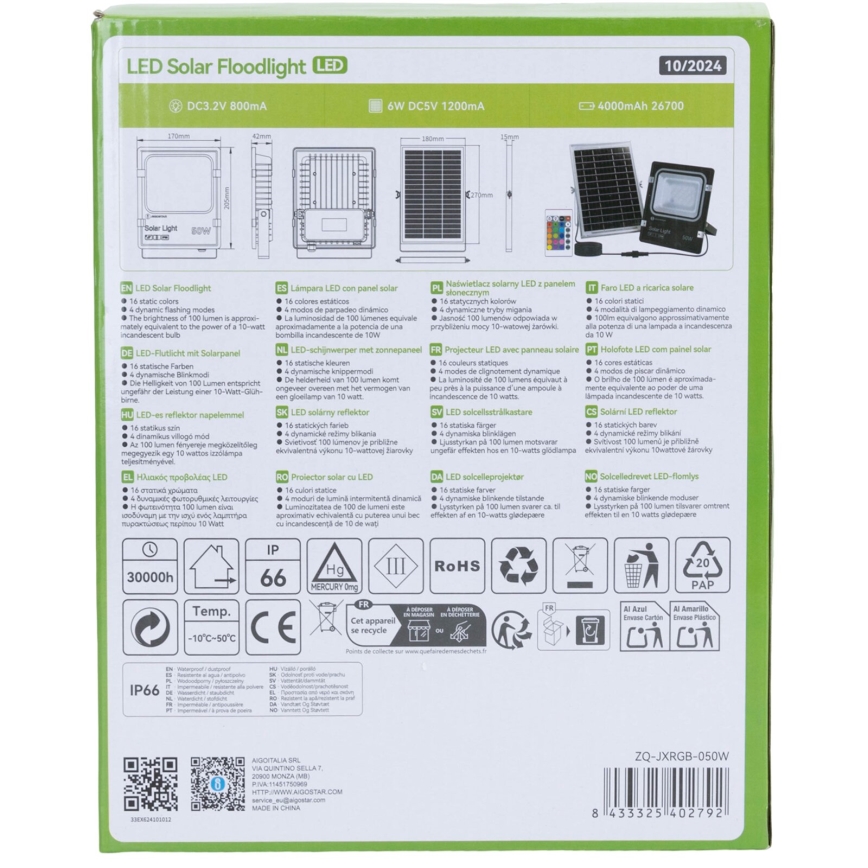 Aigostar - LED RGB dimmbarer Solarstrahler LED/50W/3,2V IP66 4000 mAh + Fernbedienung