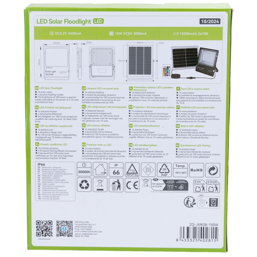 Aigostar - LED RGB dimmbarer Solarstrahler LED/150W/3,2V IP66 12000 mAh + Fernbedienung