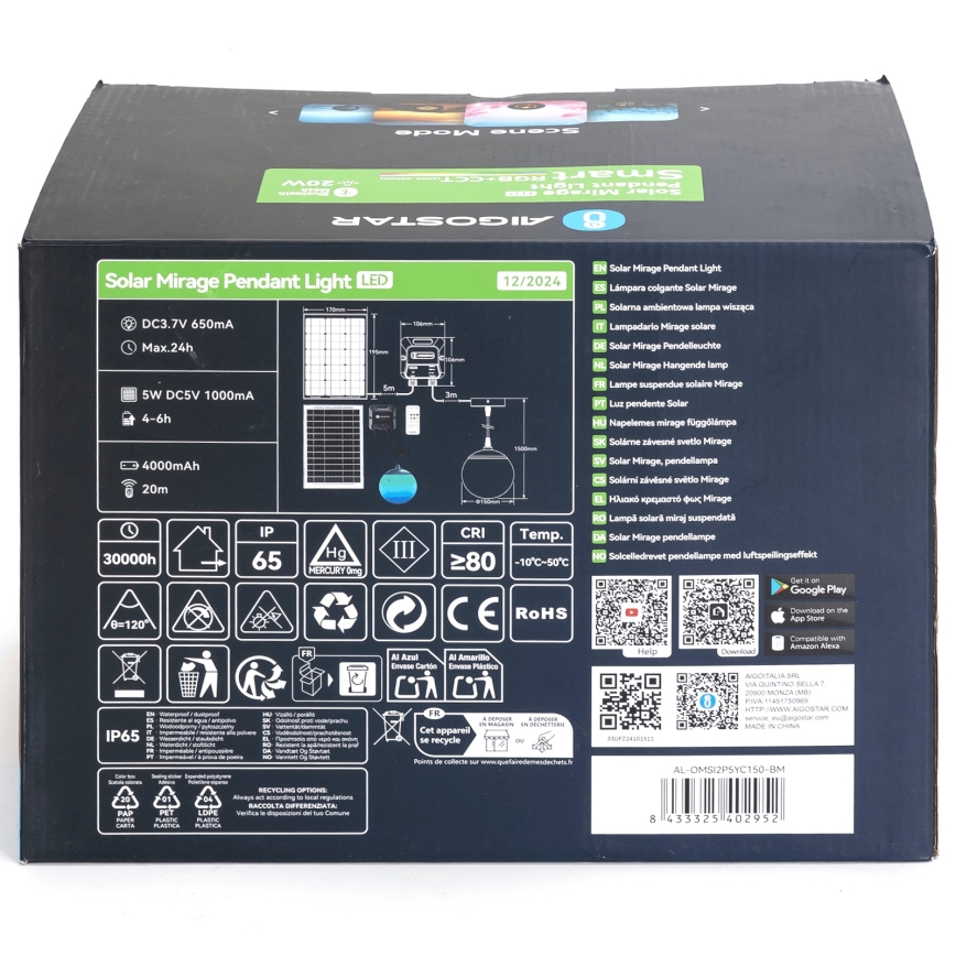 Aigostar - Lampadario solare dimmerabile LED RGB MESH LED/20W/3,7V 4000 mAh 2700K-6500K IP65 d. 15 cm