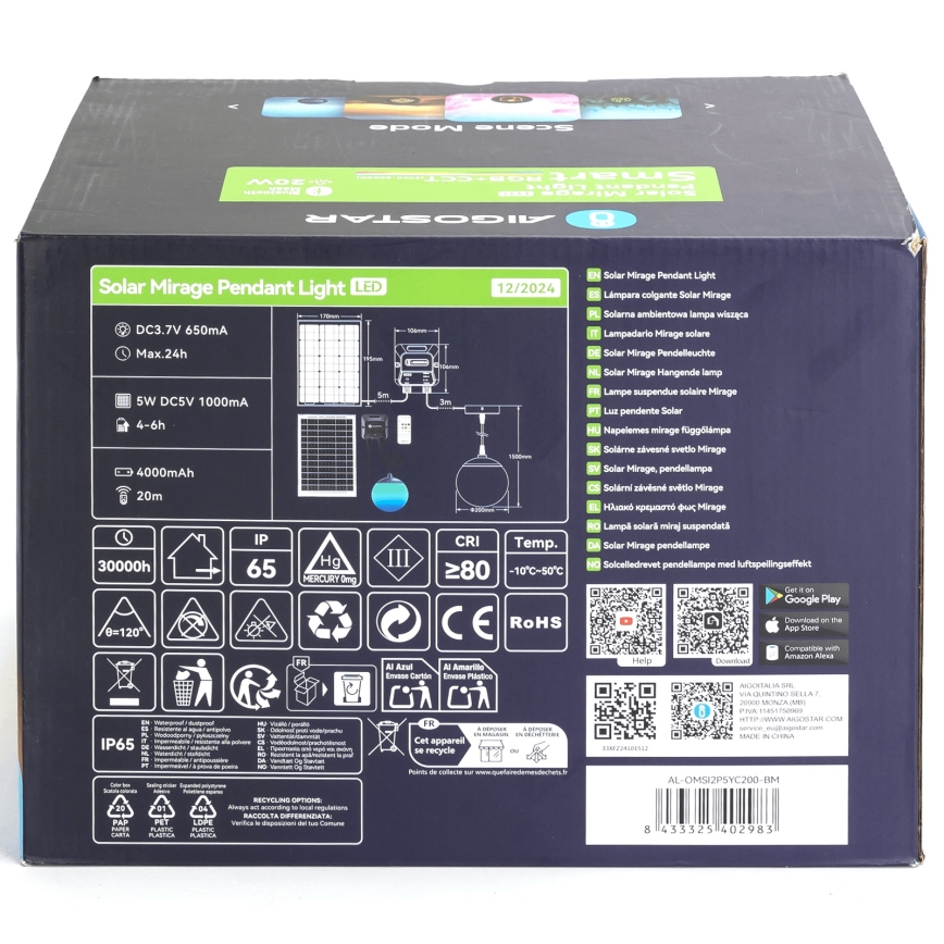 Aigostar - Lampadario solare dimmerabile LED RGB MESH LED/20W/3,7V 4000 mAh 2700K-6500K IP65 d. 20 cm