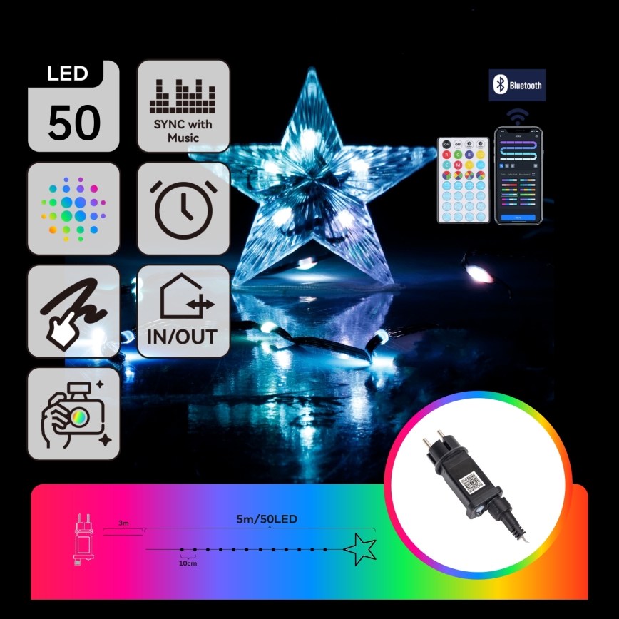 Aigostar - LED RGBICW Outdoor-Weihnachts-Lichterkette 50 LEDs 5 m IP44 + Fernbedienung