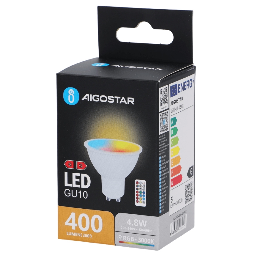 Aigostar - LED RGBW dimmbares GU10-Leuchtmittel, 4,8 W / 230 V, 3000 K + Fernbedienung