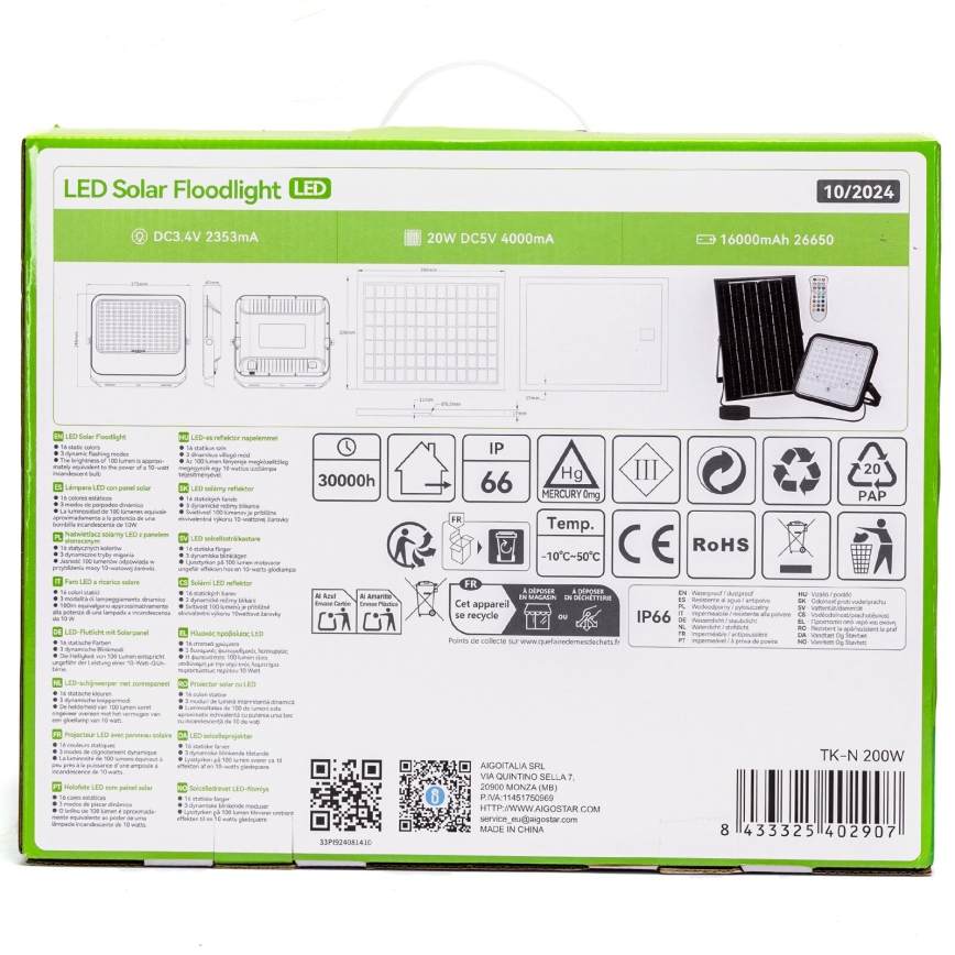 Aigostar - LED-RGBW- Dimmbarer Solarstrahler LED/200W/3,4V IP66 + Fernbedienung