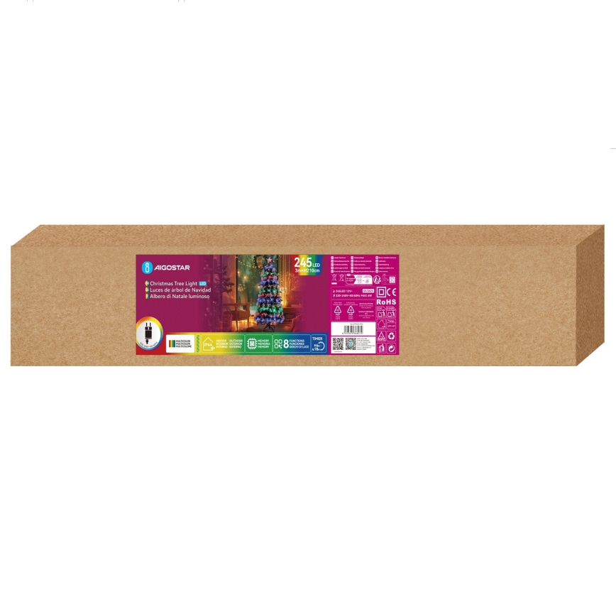 Aigostar - LED-Außen-Weihnachtsbaum, 245 LEDs, 8 Funktionen, 2,1 m, IP44, mehrfarbig