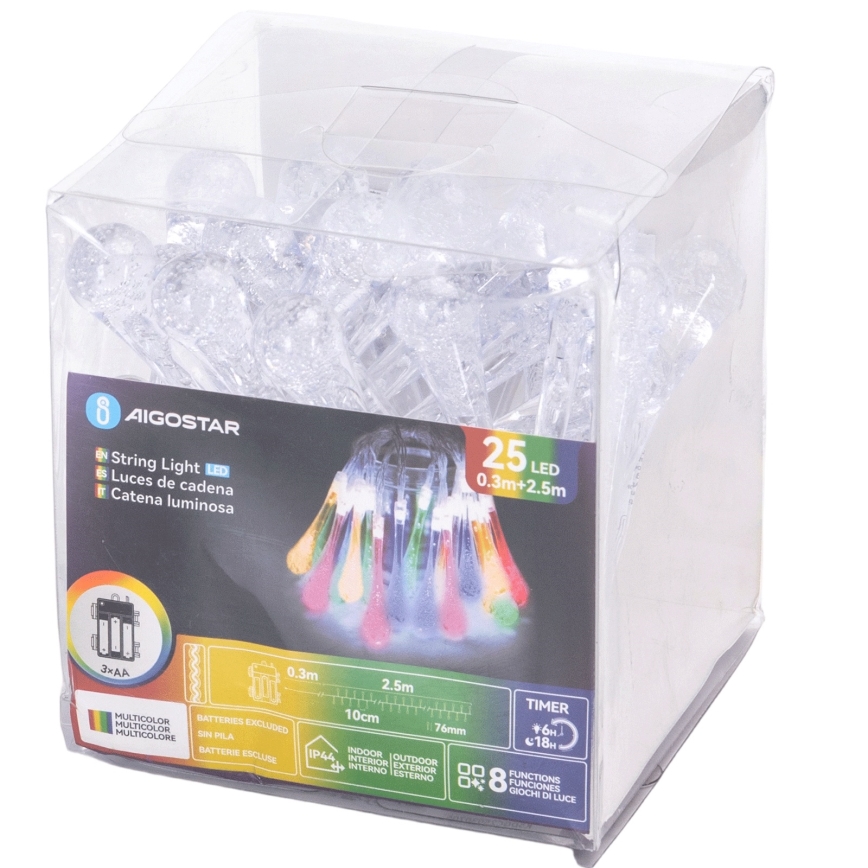 Aigostar - LED-Außen-Weihnachtslichterkette, 25 LEDs, 8 Funktionen, 3×AA-Batterien, 2,5 m, IP44, mehrfarbige Tropfen