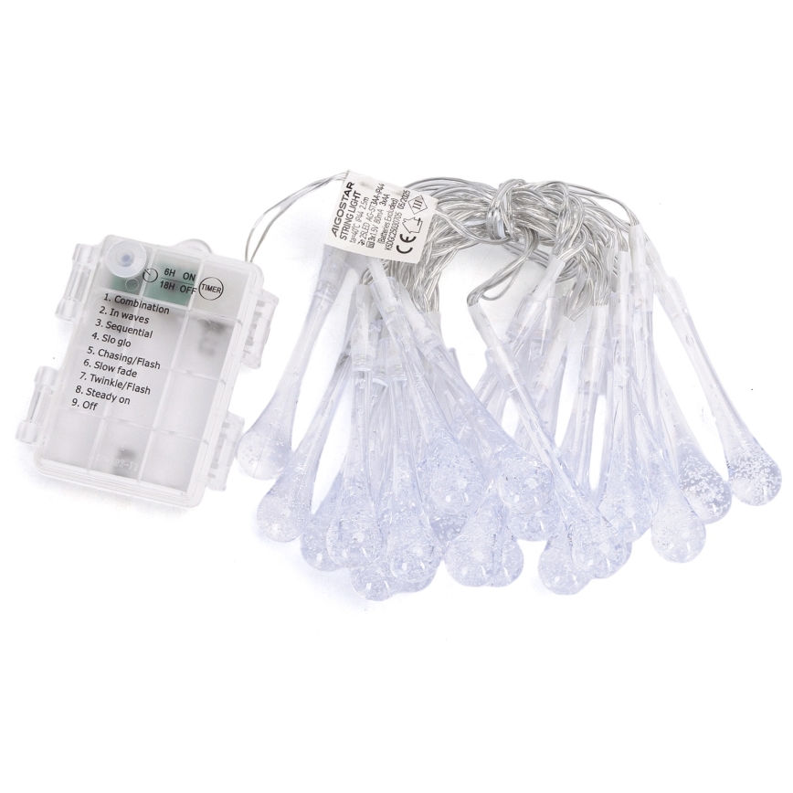 Aigostar - Catena natalizia LED da esterno 25xLED/8 funzioni 3xAA 2,5m IP44 gocce multicolore