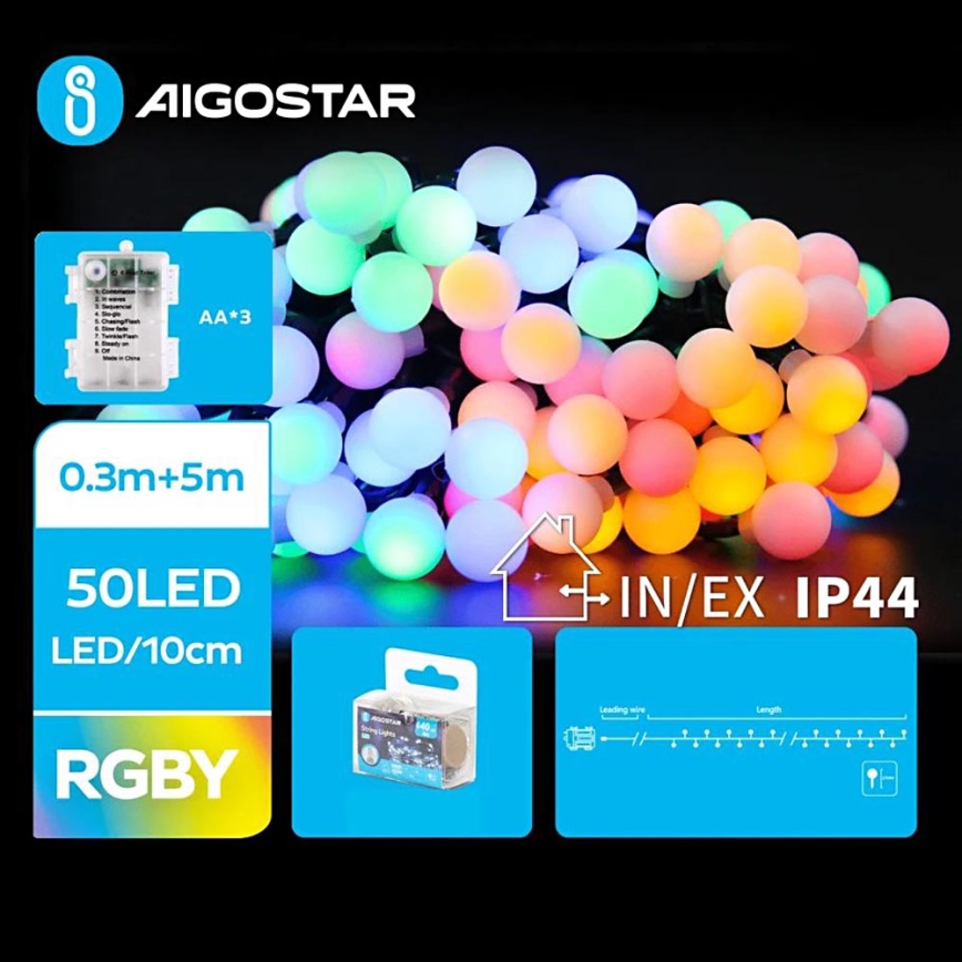 Aigostar - LED RGBY da esterno Catena natalizia 50xLED/3xAA/8 funzioni 5,3 m IP44