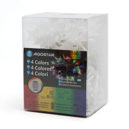 Aigostar - LED RGBY Guirlande de Noël extérieure 100xLED/8 fonctions 3xAA 10m IP44 étoiles