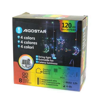 Aigostar - LED Solar Weihnachtskette 120xLED/8 Funktionen 3x0,6 m 500 mAh IP65 mehrfarbig
