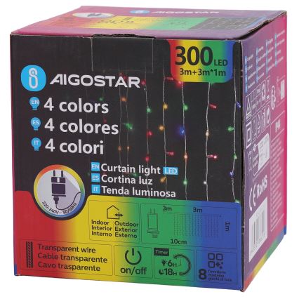 Aigostar - LED RGBY Außen-Weihnachtslichterkette 300xLED/8 Funktionen 3x1m IP44 + Fernbedienung