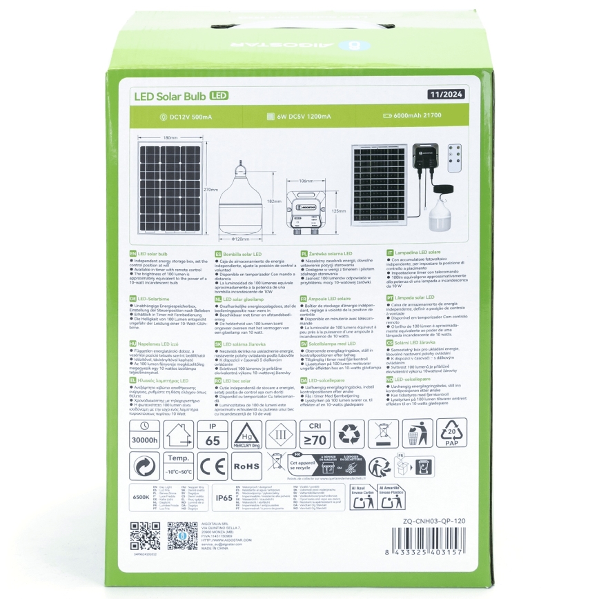 Aigostar - LED Solar-Pendelleuchte LED/70W/12V 6000 mAh 6500K IP65 Ø 12 cm + Fernbedienung