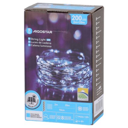 Aigostar - LED-Solar-Lichterkette 200 LEDs/8 Funktionen 22 m IP65 kaltweiß 800 mAh