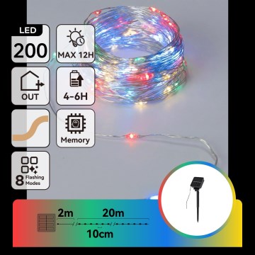 Aigostar - LED-Solar-Lichterkette 200 LEDs / 8 Funktionen, 22 m, IP65, mehrfarbig, 800 mAh