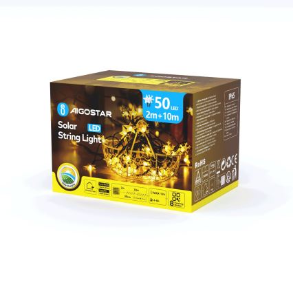 Aigostar - LED-Solar-Lichterkette 50 LEDs/8 Funktionen 12 m 800 mAh IP65 warmweiß