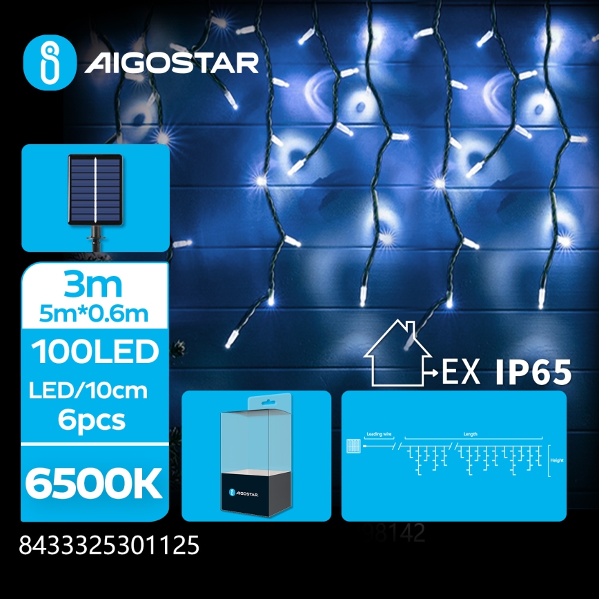 Aigostar - LED Solar Weihnachts-Lichterkette 100xLED/8 Funktionen 8x0,6m 500 mAh IP65 kaltweiß