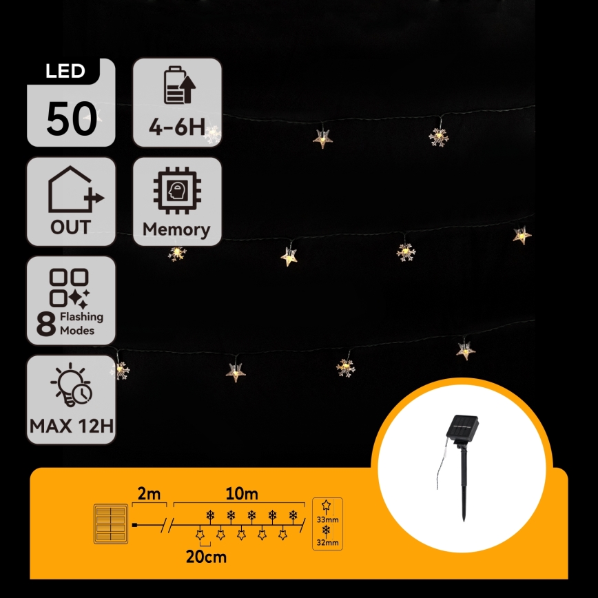 Aigostar - LED Solar-Weihnachts-Lichterkette 50xLED/8 Funktionen 12m 800mAh IP65 warmweiß
