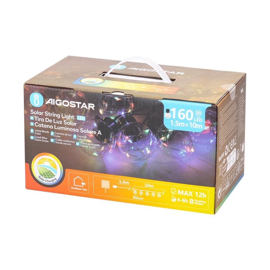 Aigostar - LED Solar-Weihnachtslichterkette 20xLED/8 Funktionen 11,5 m IP65 mehrfarbig