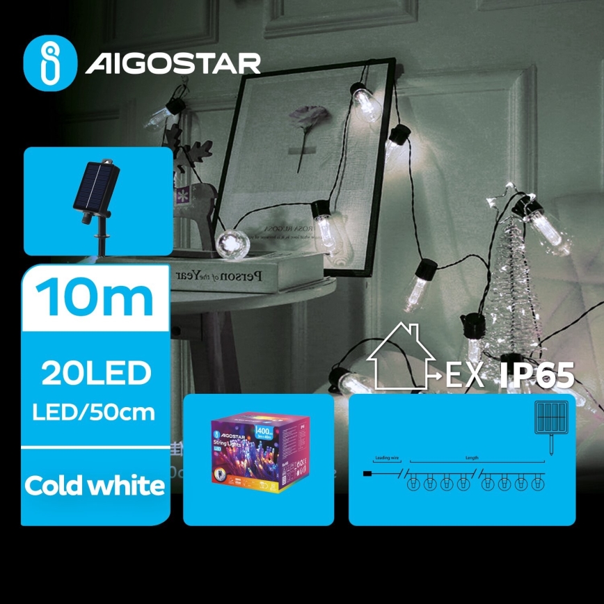 Aigostar - LED Solar Weihnachtslichterkette 20xLED/8 Funktionen 11,5m IP65 kaltweiß