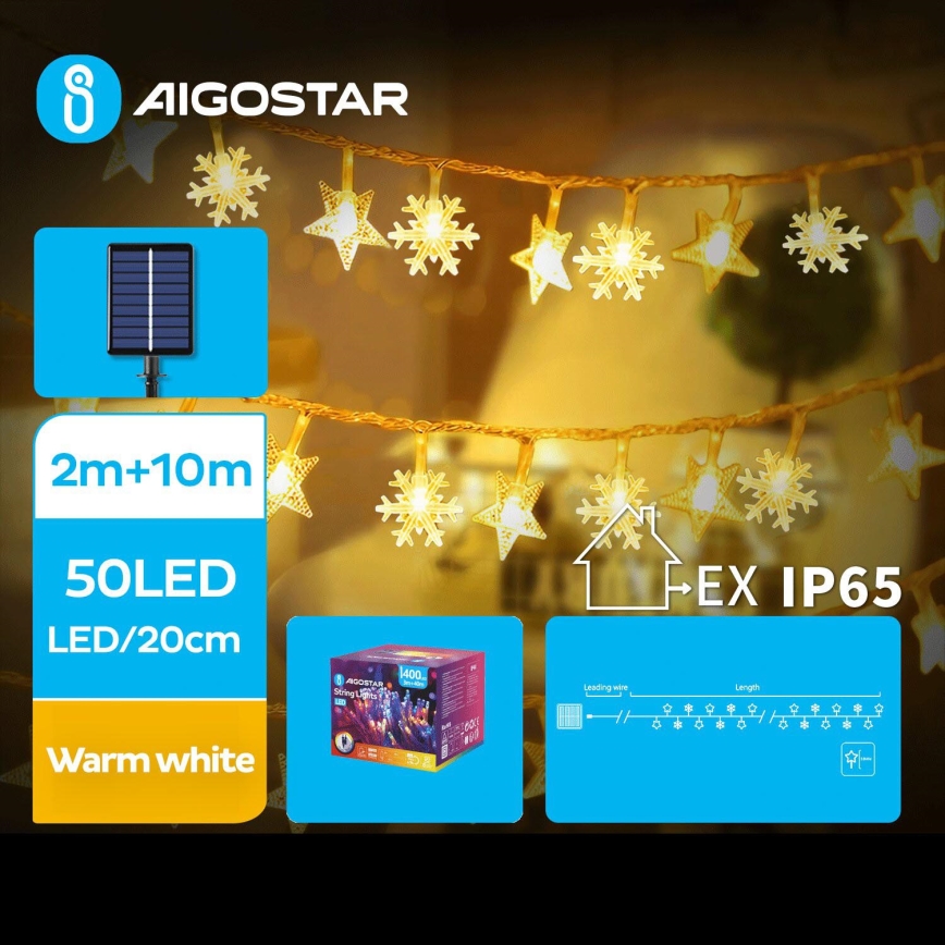 Aigostar - LED-Solar-Weihnachtslichterkette 50xLED/8 Funktionen 12m IP65 warmweiβ