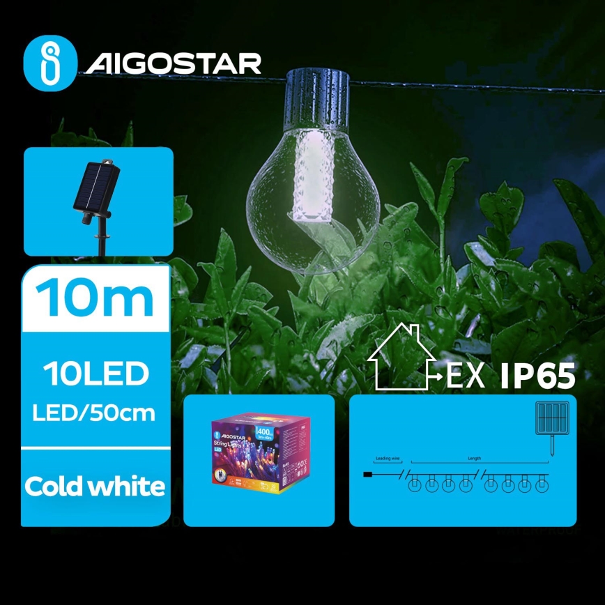 Aigostar - LED Solare catena decorativa 10xLED/8 funzioni 10,5m IP65 bianco freddo 1200 mAh