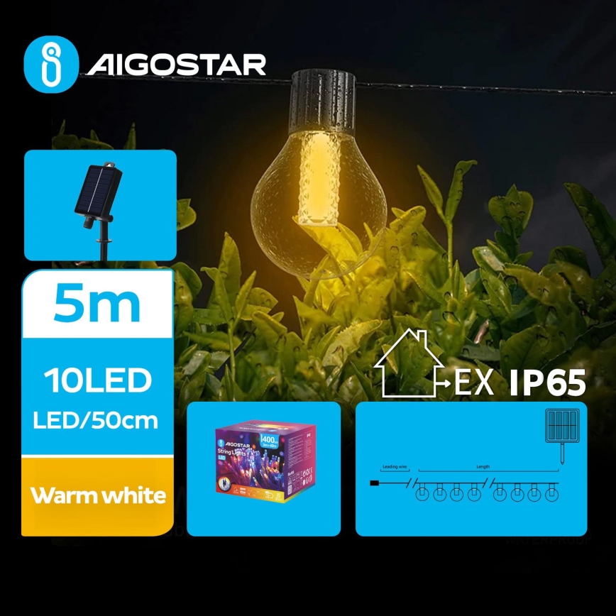 Aigostar - LED Solare catena decorativa 10xLED/8 funzioni 5,5m IP65 bianco caldo 500 mAh