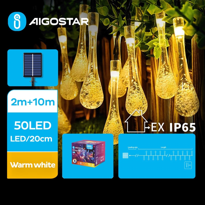 Aigostar - LED Solare catena decorativa 50xLED/8 funzioni 12m IP65 bianco caldo 800 mAh