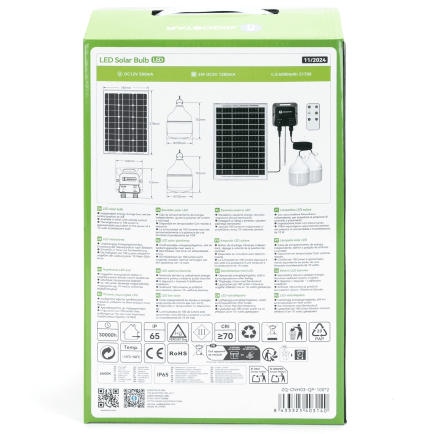 Aigostar - LED Solarleuchte 2xLED/35W/12V 6000 mAh 6500K IP65 Ø 10 cm + Fernbedienung