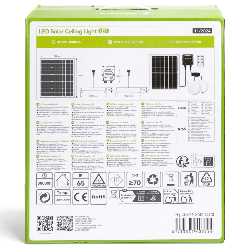 Aigostar - LED-Solarleuchte 2xLED/70W/12V 12000 mAh 6500K IP65 Ø 20,5 cm + Fernbedienung