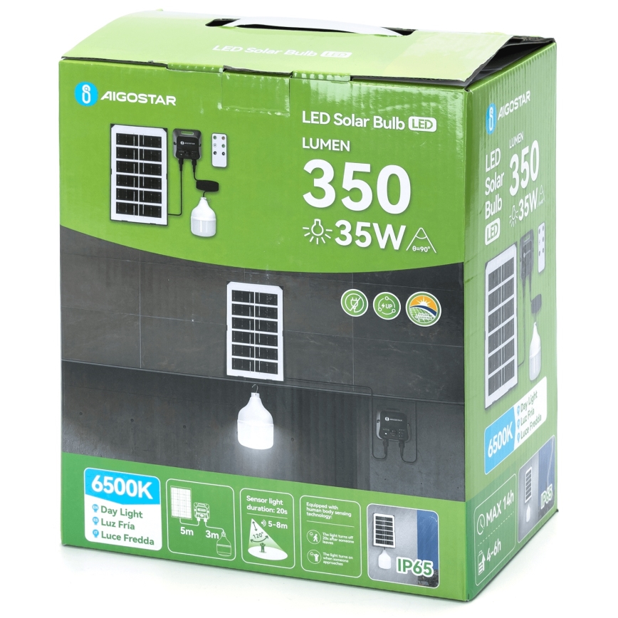 Aigostar - LED Solar-Pendelleuchte mit Sensor, 35 W, 12 V, 3000 mAh, 6500 K, IP65, Ø 10 cm + Fernbedienung