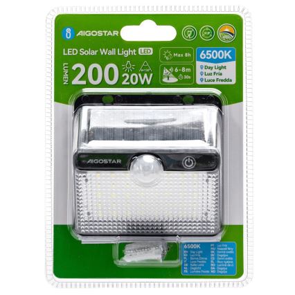 Aigostar - LED-Solarleuchte mit Sensor LED/3,7V 6500K 1200 mAh IP65 schwarz