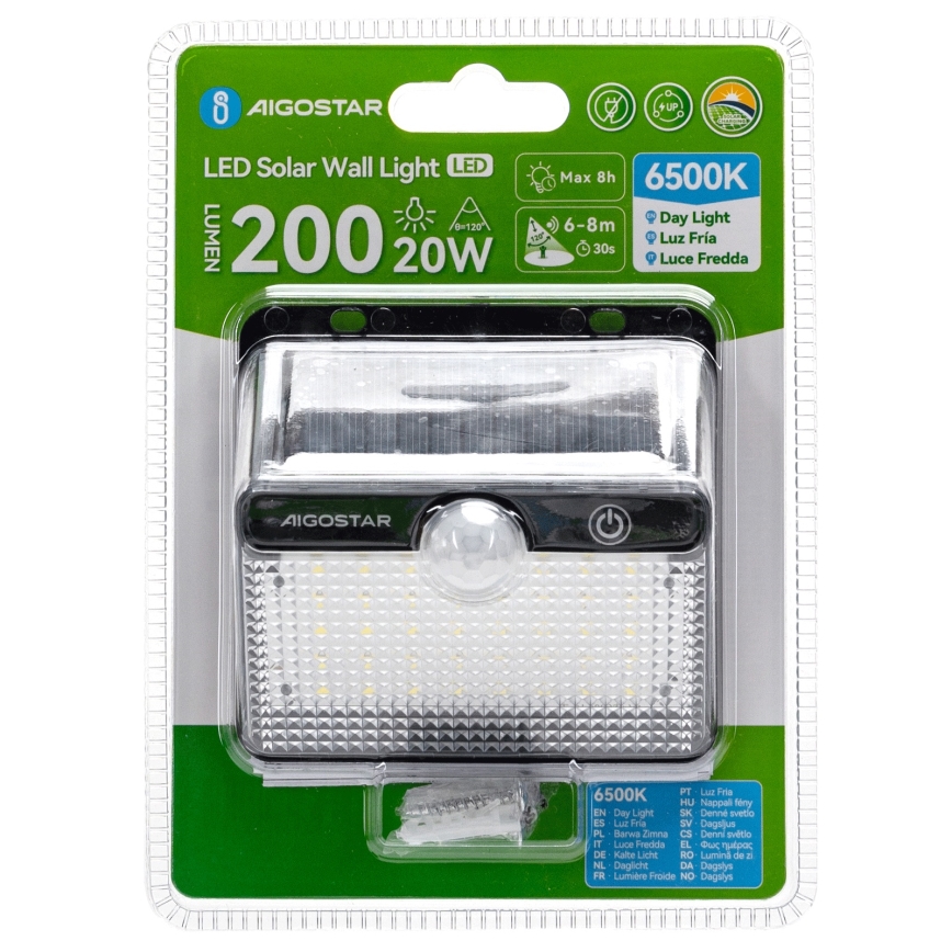 Aigostar - LED-Solarleuchte mit Sensor LED/3,7V 6500K 1200 mAh IP65 schwarz