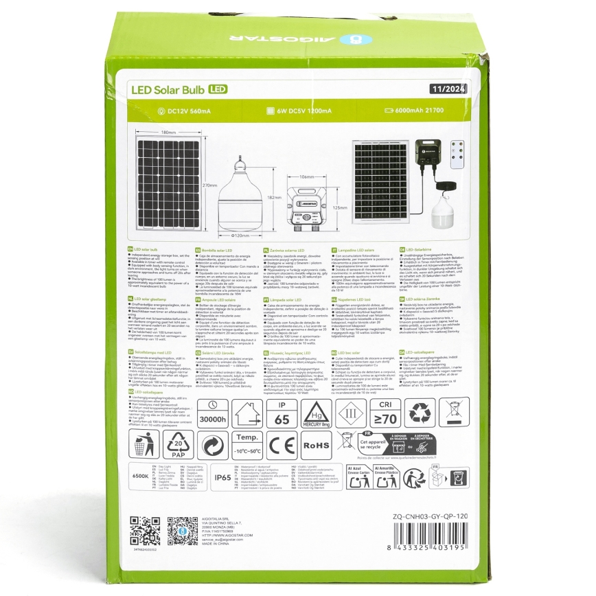Aigostar - LED-Solarlampe mit Sensor LED/70 W/12 V 6000 mAh 6500 K IP65 Ø 12 cm + Fernbedienung