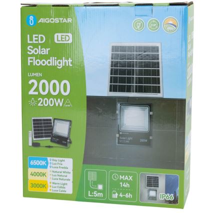 Aigostar - LED Solarstrahler LED/200W/3,2V 3600mAh 3000K/4000K/6500K IP66 + Fernbedienung