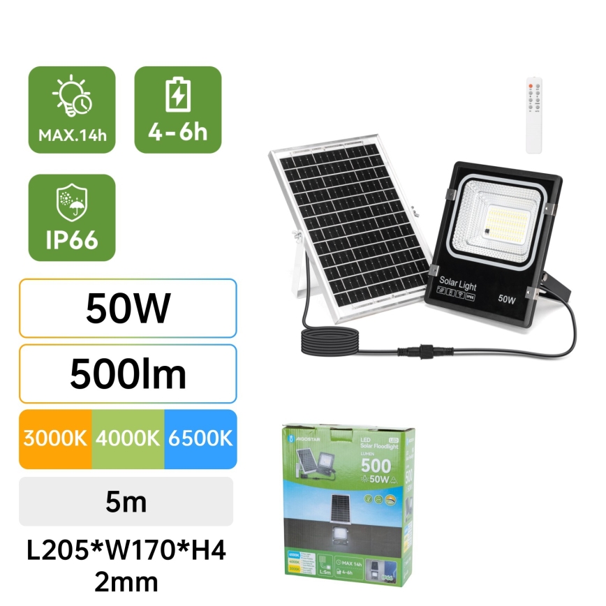 Aigostar - LED Solarstrahler LED/50W/3,2V 1200mAh 3000K/4000K/6500K IP66 + Fernbedienung