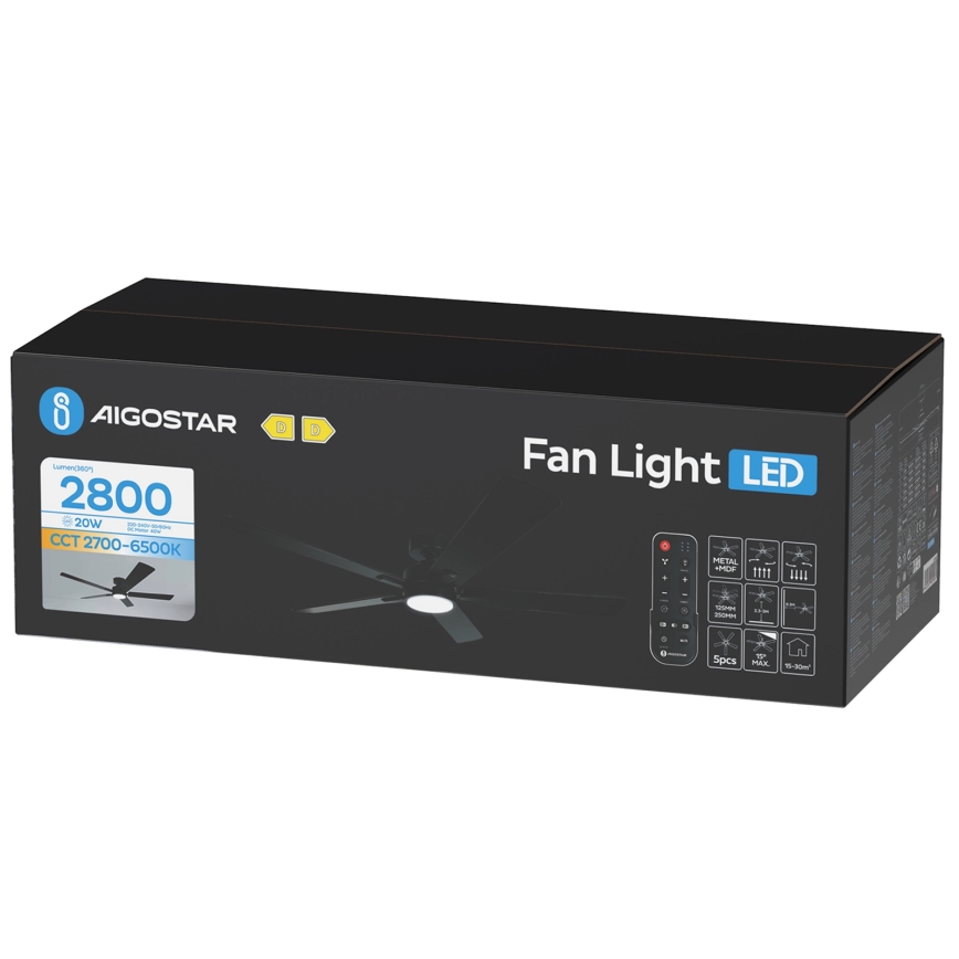 Aigostar - Ventilateur de plafond LED dimmable LED/20W/230V 2700-6500K 132cm noir + télécommande