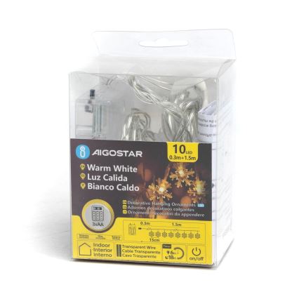 Aigostar - LED-Weihnachts-Lichterkette, 10 LEDs, 3×AA-Betrieb, 1,5 m, warmweiß, Schneeflocken-Design
