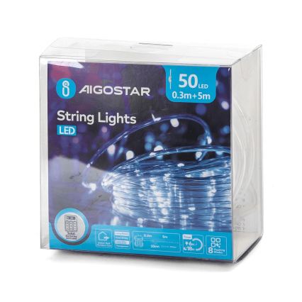 Aigostar - LED Außen-Weihnachtslichterkette 50xLED/8 Funktionen 3xAA 5,3m IP44 kaltweiß
