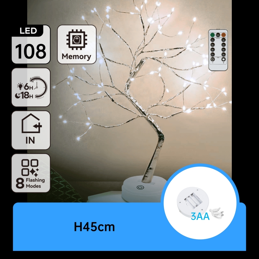 Aigostar - LED Weihnachtsdekoration 108xLED/3xAA/8 Funktionen 45 cm kaltweiß