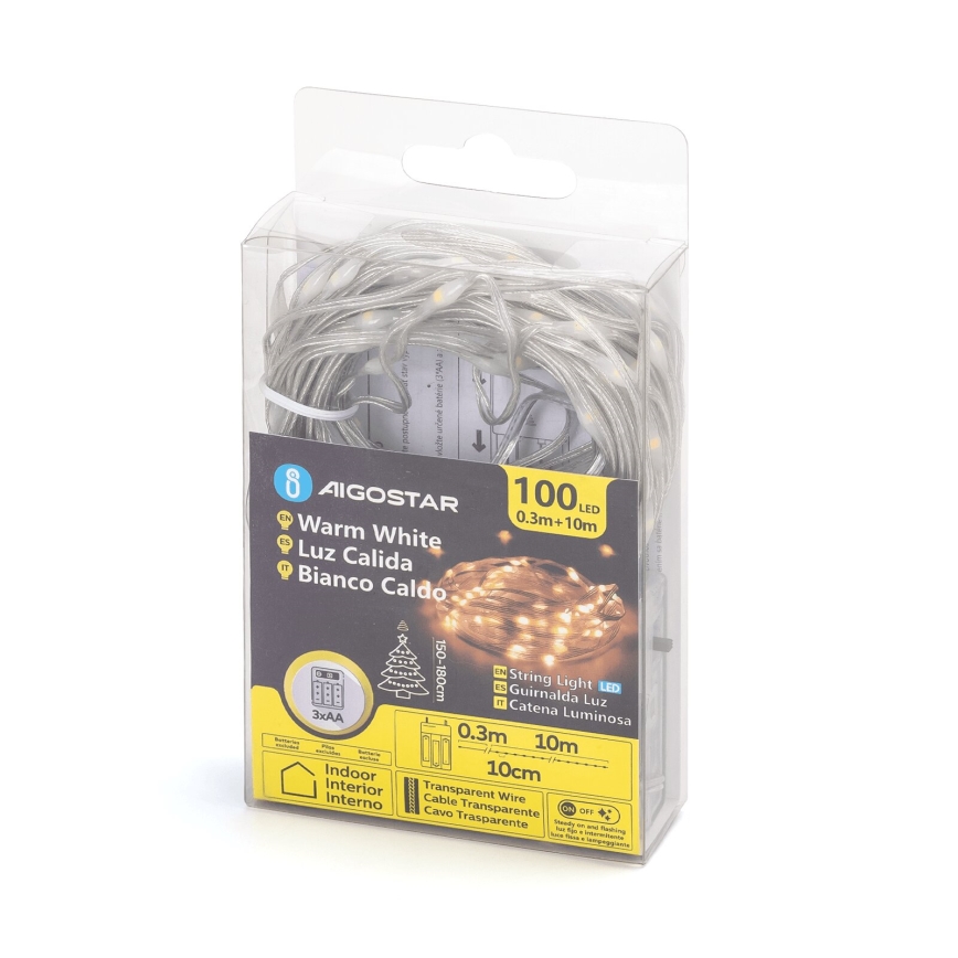 Aigostar - LED-Weihnachtslichterkette 100xLED/3xAA 10,3m warmweiβ