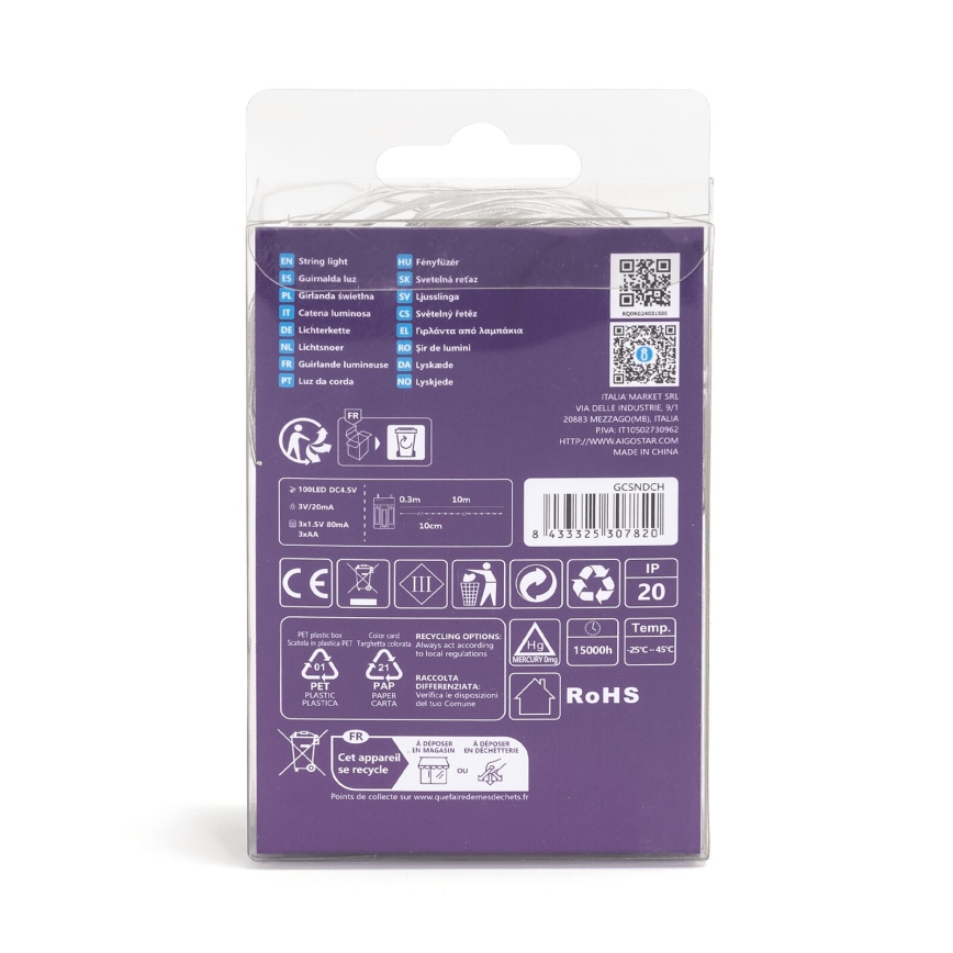 Aigostar - LED-Weihnachtslichterkette 100xLED/3xAA 10,3m warmweiβ