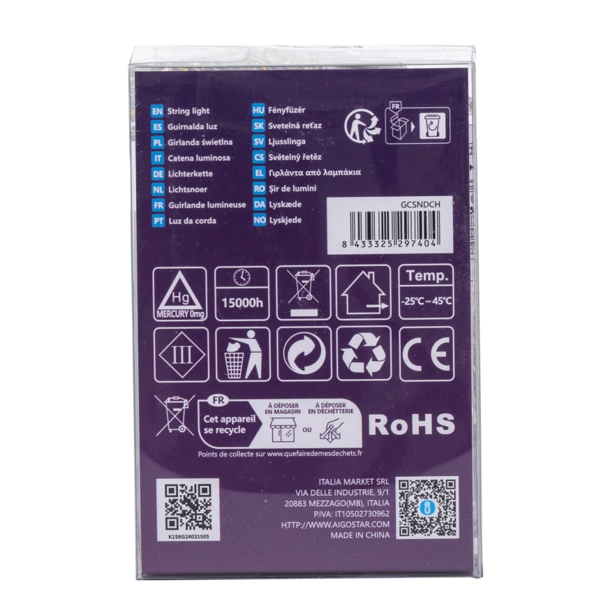 Aigostar - LED-Weihnachtslichterkette für den Außenbereich 100xLED/8 Funktionen 3xAA 10,3m IP44 warmweiβ