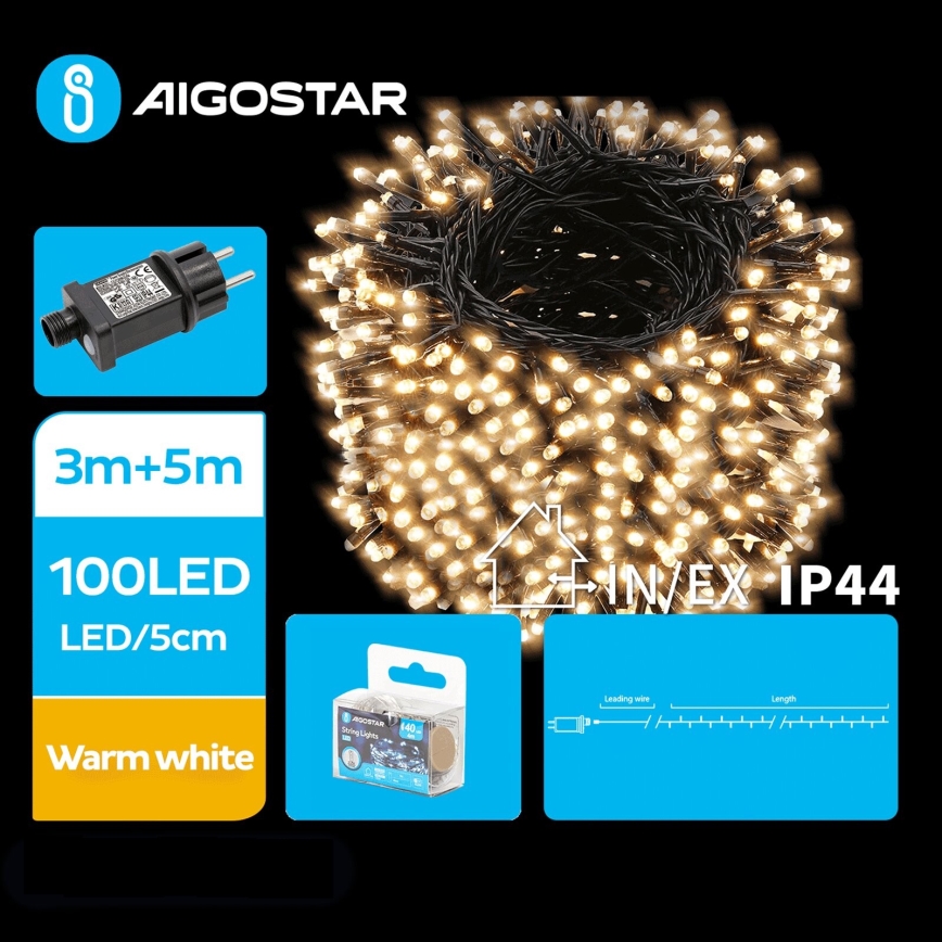 Aigostar - LED-Weihnachtslichterkette für den Außenbereich 100xLED/8 Funktionen 8m IP44 warmweiβ