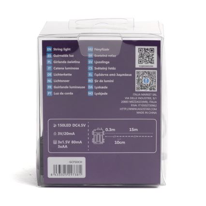 Aigostar - LED-Weihnachtslichterkette für den Außenbereich 150xLED/8 Funktionen 3xAA 15,3m IP44 mehrfarbig