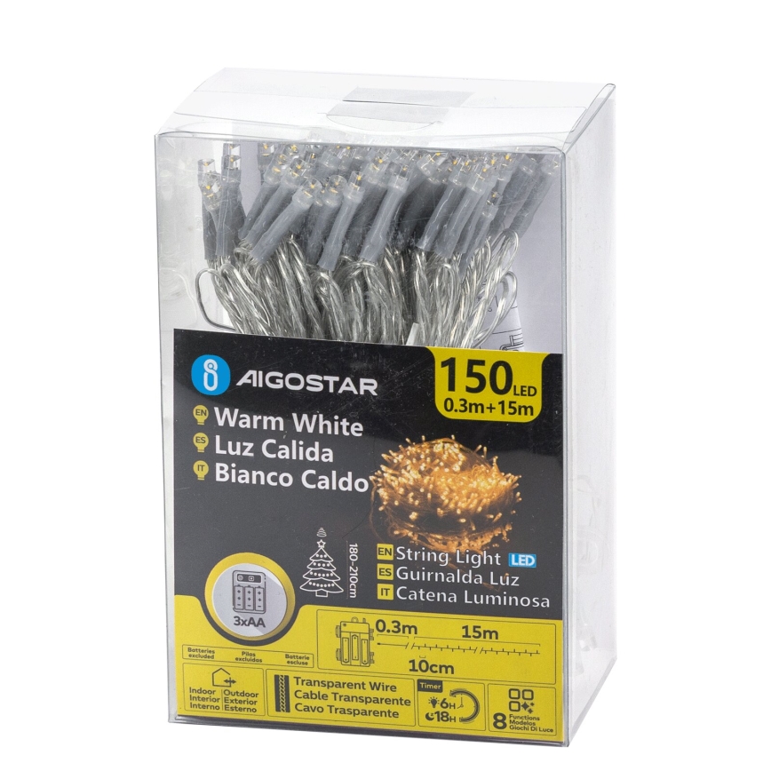 Aigostar - LED-Weihnachtslichterkette für den Außenbereich 150xLED/8 Funktionen 3xAA 15,3m IP44 warmweiβ