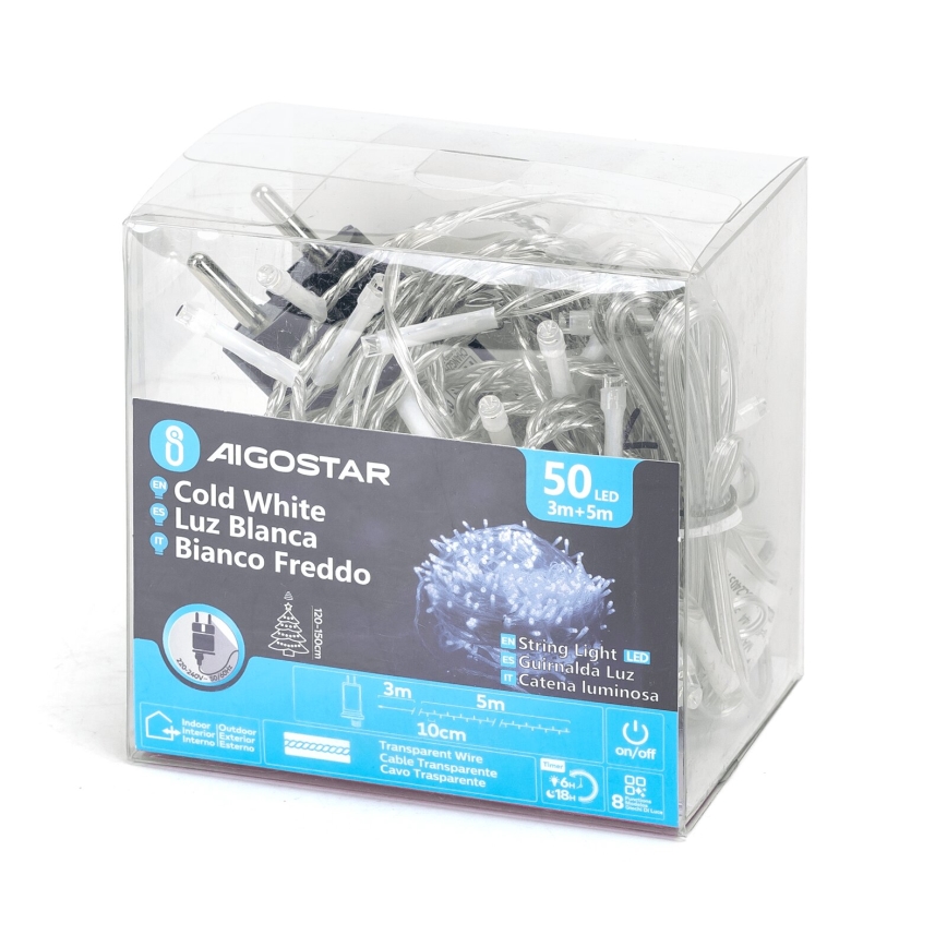 Aigostar - LED-Weihnachtslichterkette für den Außenbereich 50xLED/8 Funktionen 8m IP44 kaltweiß