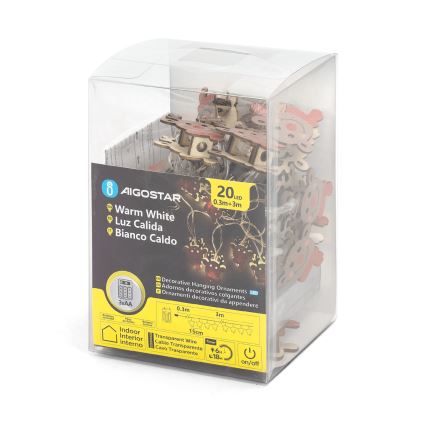 Aigostar - LED-Weihnachtslichterkette mit Rentier-Motiv, 20 LEDs, 3×AA, 3 m, warmweiß