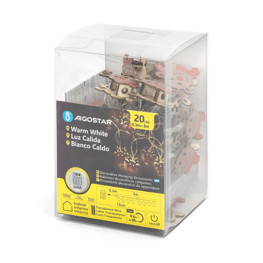 Aigostar - LED-Weihnachtslichterkette mit Rentier-Motiv, 20 LEDs, 3×AA, 3 m, warmweiß