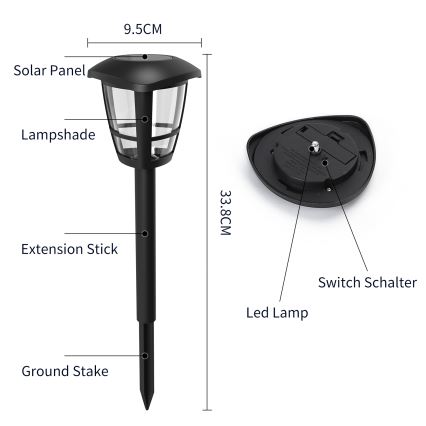 Aigostar - LOT DE 12 lampes solaires LED/0,06W/2V 33,8 cm 6500K 100 mAh IP44 noires
